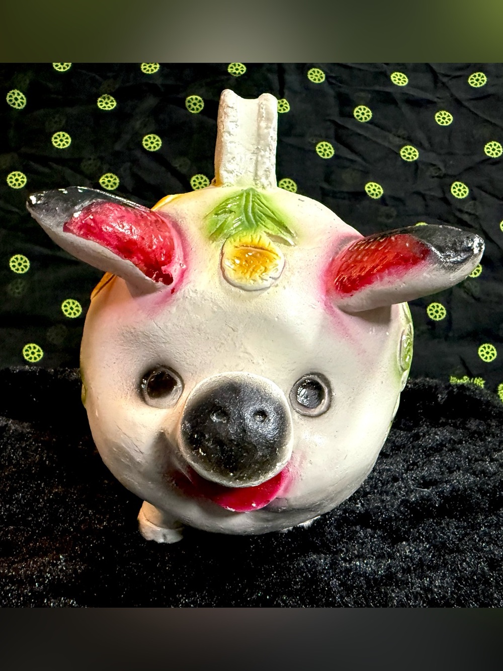 Vtg ☆RARE☆  Handmade Large Folk Art Chalkware Piggy Bank With Painted Flowers